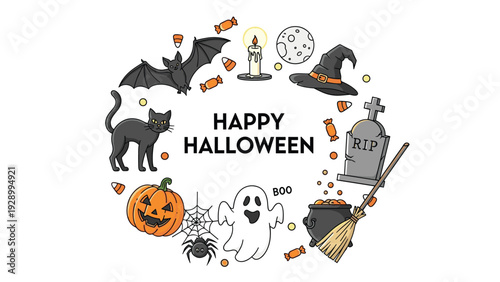 Festive Halloween wreath featuring a black cat, pumpkin, bat, ghost, and various spooky elements around text.