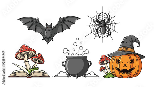 Detailed Halloween illustrations including a bat, a spider in its web, magical mushrooms, a cauldron, and a pumpkin.