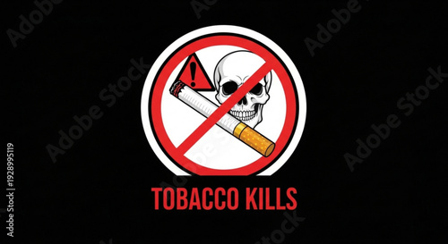 No smoking symbol with skull and cigarette on black background warning tobacco kills