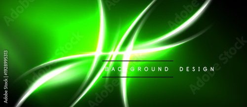 Bright green neon lines create abstract energy flow. Dark background emphasizes luminous curves, shapes, design elements. Modern visual concept.