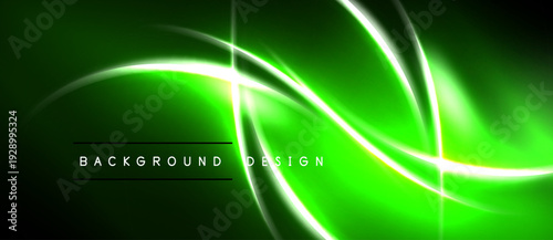Bright green abstract lines form swirling pattern. Dark background enhances luminous effect. Text reads background design.