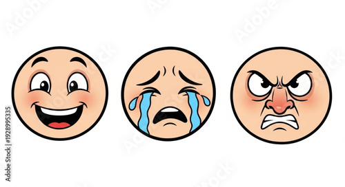 Three cartoon faces expressing happiness, sadness, and anger in sequence.