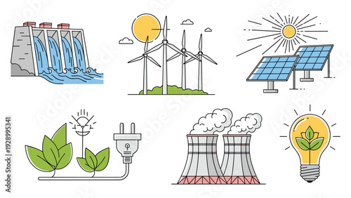 Set of clean energy and power station icons featuring hydro dams, wind turbines, solar panels, and nuclear plants.