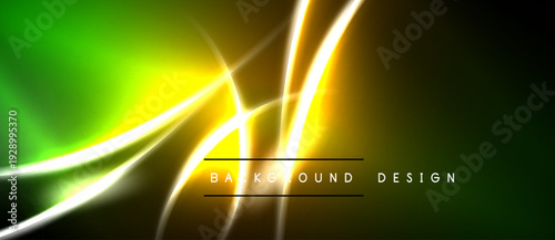 Abstract neon lights create vibrant energy. Green, yellow hues blend with dark background. Modern design element.