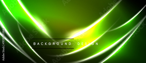 Abstract neon waves, vibrant green hues dominate design. Dark background emphasizes glowing lines, creating modern aesthetic.
