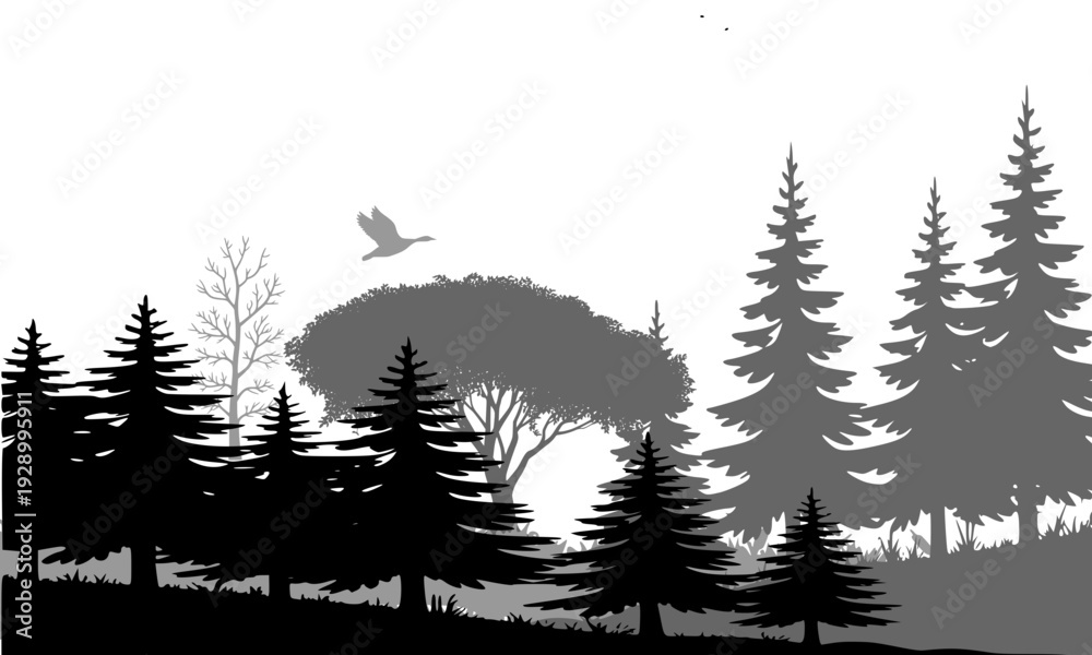 Fototapeta premium Gray silhouette of a dense pine and deciduous forest landscape with flying bird, perfect for nature, wilderness, woodland, and outdoor-themed logo, poster, and graphic design projects