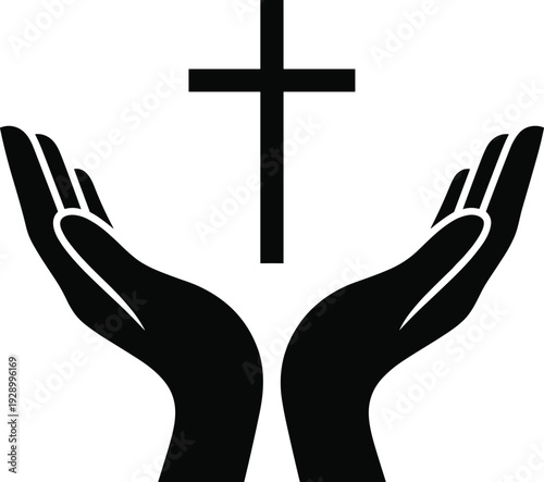Black silhouette of open human hands reaching up towards a Christian cross symbol isolated on white background for religious prayer and faith based designs
