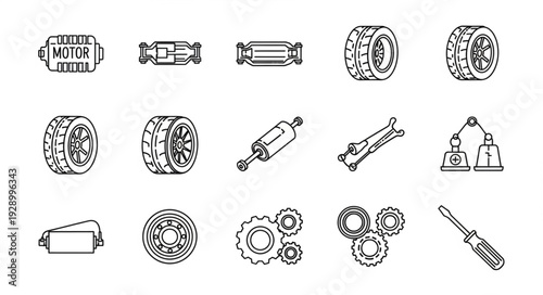 Collection of various mechanical parts and tools for automotive repair and maintenance.