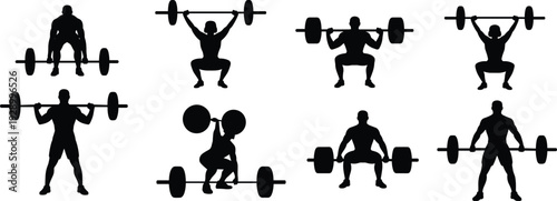 Large collection of black silhouettes featuring male and female weightlifters performing deadlifts squats and overhead presses with barbells isolated on white background for gym
