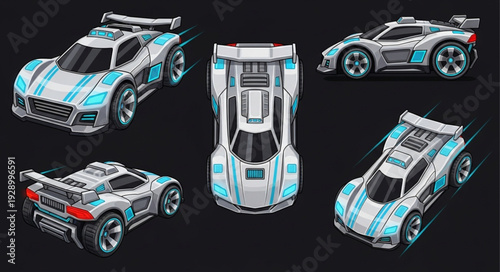 Futuristic racing cars in various angles, showcasing design and speed, ready for competition.