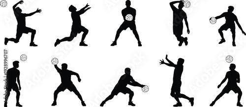 Large collection of black silhouettes featuring male volleyball players serving spiking digging and setting the ball in various active sports poses isolated on white background