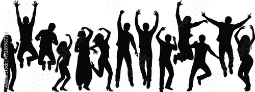 Silhouette of a diverse group of happy people jumping dancing and celebrating together against a white background for party success concepts