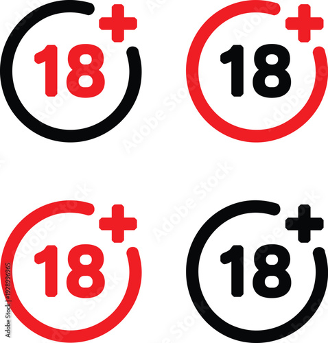 Set of four 18 plus age restriction icons in red and black colors with circular design elements for adult content warning and parental control