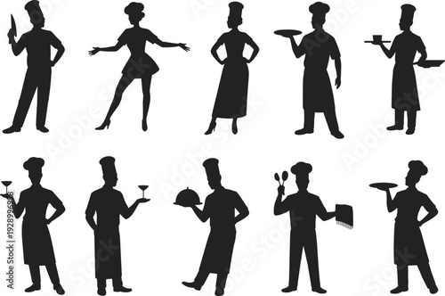 Large collection of black silhouettes featuring professional chefs cooks and waiters holding trays knives and kitchen tools isolated on white background for restaurant design