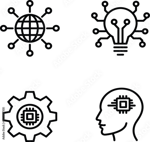 Artificial intelligence icon set with global network, digital brain idea, microchip gear and smart technology