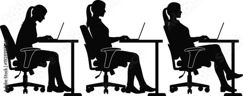 Businesswoman working on laptop silhouette illustration set, office desk sitting positions, professional female employee workflow concept, modern workplace activity isolated on white background
