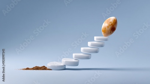 3D isometric floating stairs made of stock chart bars leading to the moon, surreal achievement theme, copy space on sky