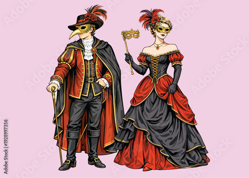 069-41-Couple in ornate costumes and masks preparing for a venetian masquerade ball