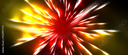 Bright explosion radiates outward. Red, yellow, white streaks dominate dark background. Intense energy, dynamic visual effect.
