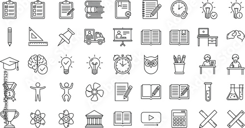 Educational and Professional Icon Set Featuring Office Supplies, Brain, Graduation, Lightbulb