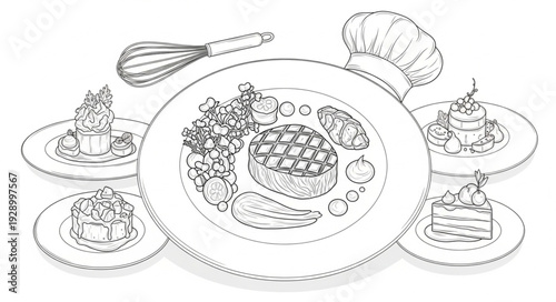 Culinary Delights Plated with Chef Hat and Whisk Illustration.