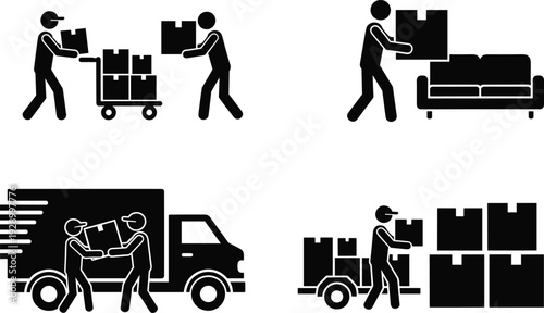 Delivery and moving service worker silhouettes set, logistics transportation process with boxes and truck, courier handling packages, relocation and shipping concept illustration