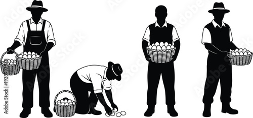 Farm Worker Collecting Eggs Silhouette Set, Poultry Farming and Rural Agriculture Lifestyle Concept, Black Minimal Vector Illustration Isolated on White