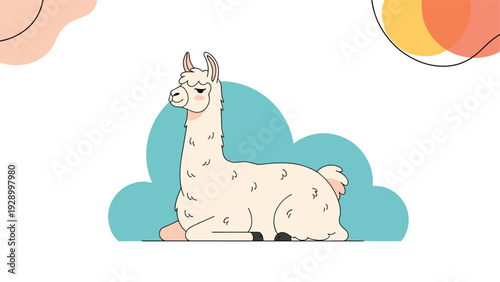 Cute llama character illustration lying down peacefully in front of a soft blue background for modern nursery wall art design.