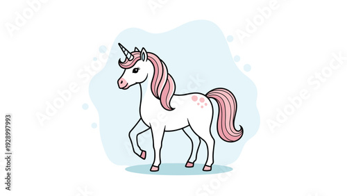Magical pink and white unicorn with flowing mane and tail standing gracefully on a soft blue cloud for nursery decor.