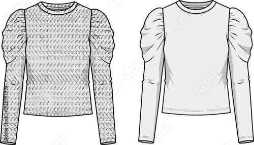 Women long sleeve blouse mockup set isolated on white background, puff sleeve top fashion vector illustration design