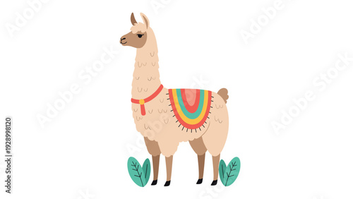 Festive llama illustration wearing colorful decorative saddle and harness in garden for vibrant south american themes.