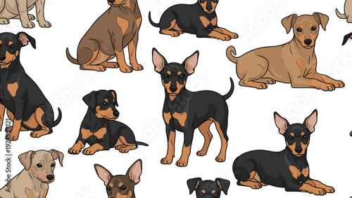 Lively seamless pattern featuring small black and tan dogs in playful poses for pet themed fabric and wallpaper designs.