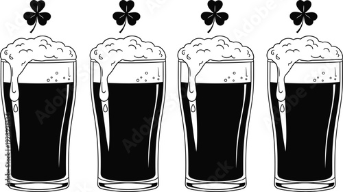 Four stout beer glasses silhouette, Irish stout pint set, black vector illustration, St Patrick flavector