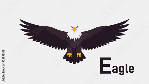Eagle illustration with wings spread wide in flight featuring a white head and dark body with the letter E and the word eagle in the corner.