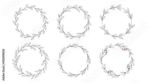 Collection of six floral and leafy circular wreaths in a delicate hand drawn outline style with some including small red berry accents.