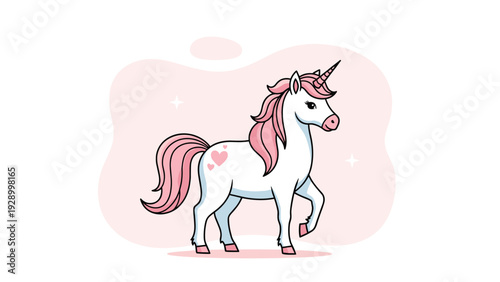Magical unicorn illustration with a flowing pink mane and tail featuring small hearts on its hindquarters against a soft pink abstract shape.