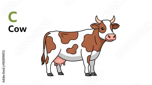 Cow illustration featuring a spotted dairy animal standing sideways with large green letter C and the word cow printed beside it.
