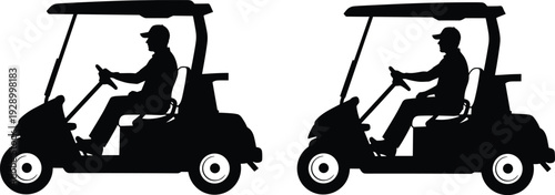 Golf cart driver silhouettes set isolated on white background, electric golf buggy transport vehicles, leisure sport mobility concept, resort course transportation vector illustration
