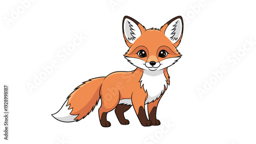 Red fox illustration with a bushy tail and white chest standing alert and looking forward in a cute and colorful cartoon style.