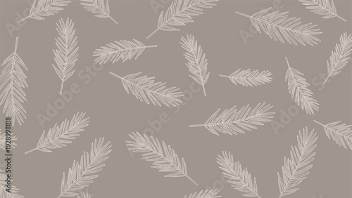 Seamless pattern design featuring white hand drawn leaf or feather sprigs scattered across a solid warm brown background for a natural look.