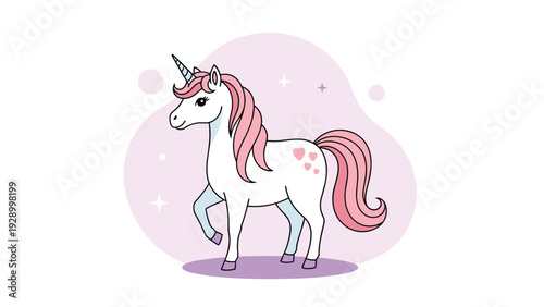 Whimsical unicorn illustration with a long pink mane and tail standing proudly against a soft lavender background with small stars and circles.
