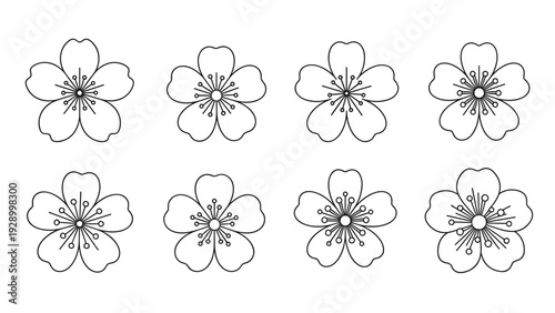 Set of eight various cherry blossom or flower icons in a black and white outline style showing different petal shapes and center details.
