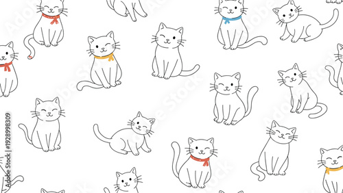 Whimsical seamless pattern showing cute white cartoon cats with colorful collars in various sitting and walking poses.