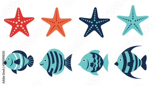 Collection of colorful sea life illustrations including four starfishes and four fishes with different stripes and patterns.