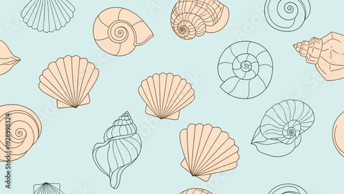 Seamless pattern featuring various seashell illustrations in light peach and blue tones scattered across a solid light blue background.