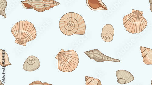 Seamless pattern design featuring detailed seashell illustrations in warm brown tones scattered across a light blue background.