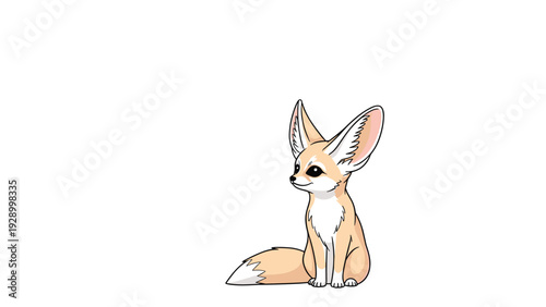Fennec fox illustration with large characteristic ears and a bushy tail sitting calmly on a plain white background.