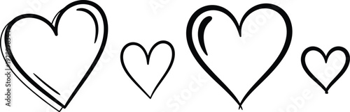 Hand drawn heart outline icons vector set with romantic love symbols, simple doodle heart shapes isolated on white background for Valentine and wedding design