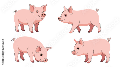 Set of four pink pigs shown in profile views including standing and sniffing the ground on a white background.