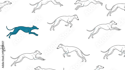 Seamless pattern showing white line art greyhounds running with one solid blue dog for contrast on white space.